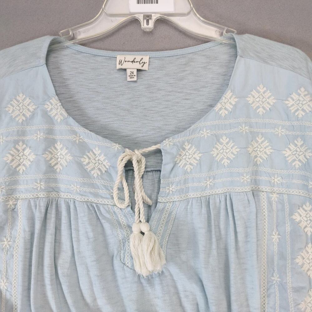 Wonderly Soft Blue Snowflake Embroidered Blouse Top Womens Plus Sz 2X Tassel Tie - Picture 7 of 10